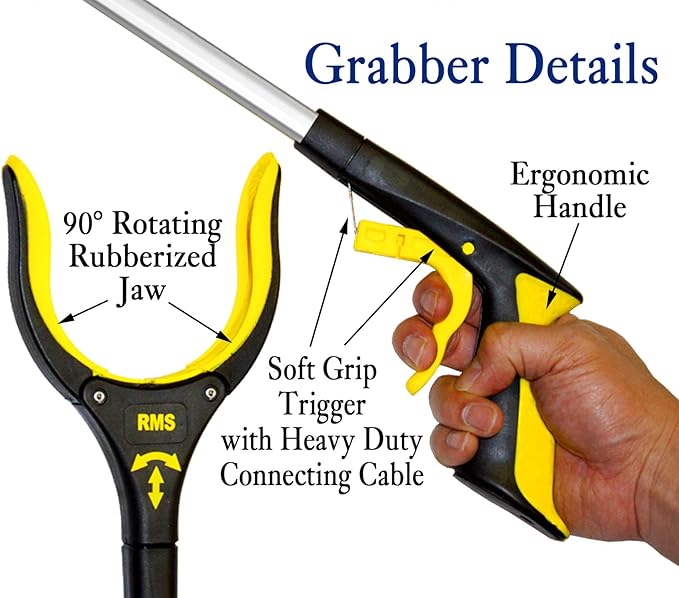 RMS 2-Pack 32 Inch Extra Long Grabber Reacher with Rotating Jaw - Mobility Aid Reaching Assist Tool (Yellow)