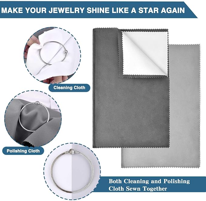 SEVENWELL Silver Polishing Cloth, Jewelry Cleaner Cloth for Sterling Silver Jewelry, Gold, Platinum, Silverware, Diamonds, Gemstones, Coins (2pcs Dark Gray and 2pcs Light Gray (Large))