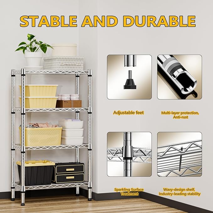 1000 lbs 4 Tier Shelf Metal Storage Shelves Wire Rack Closet Organizers for Garage Kitchen Bathroom Laundry Chrome 11.8" D x 25.6" W x 45.5" H