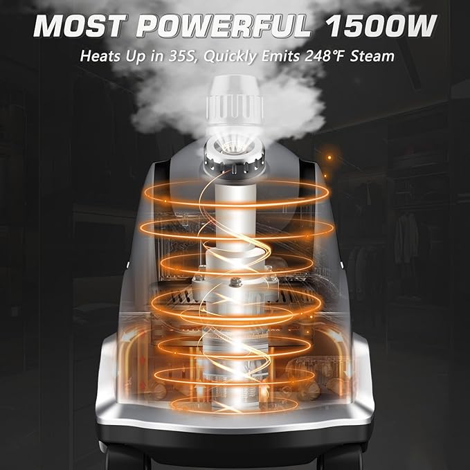 Anthter Steamer for Clothes, 1500W Powerful Standing Garment Steamer with Roll Wheels, 2.4L Water Tank for 90 Mins Continuous Steaming, 35s Fast Heat-up (Silver)