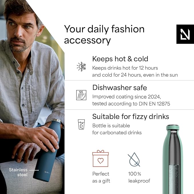 LARS NYSØM Stainless Steel Insulated Water Bottle 12oz 17oz 25oz 34oz 51oz | Insulated Thermo Flask for Hot and Cold Beverages | Leakproof Drinking Bottle (Aqua Turquoise, 17oz)