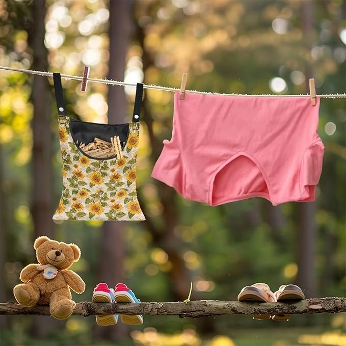 Sunflower Clothespin Organizer Bag with Hanging Hook Waterproof Clothes Pin Storage with Large Opening for Clothesline Outdoor