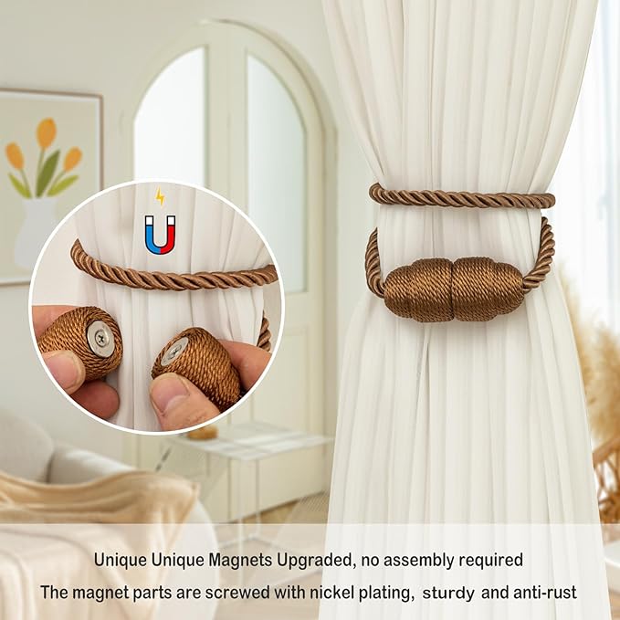Magnetic Rope Curtain Tiebacks 6 Pack Holders for Drapes and Curtains, Khaki