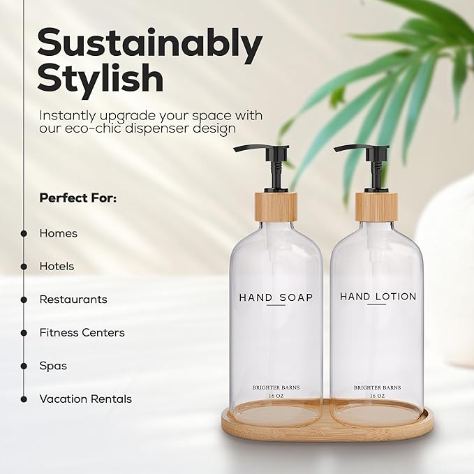 Clear Glass Soap and Lotion Dispenser Set with Tray by Brighter Barns - Hand Soap Dispenser Bathroom Set - Liquid Soap Dispenser and BPA-Free Pump - Neutral Home Decor & Modern Bathroom Accessories