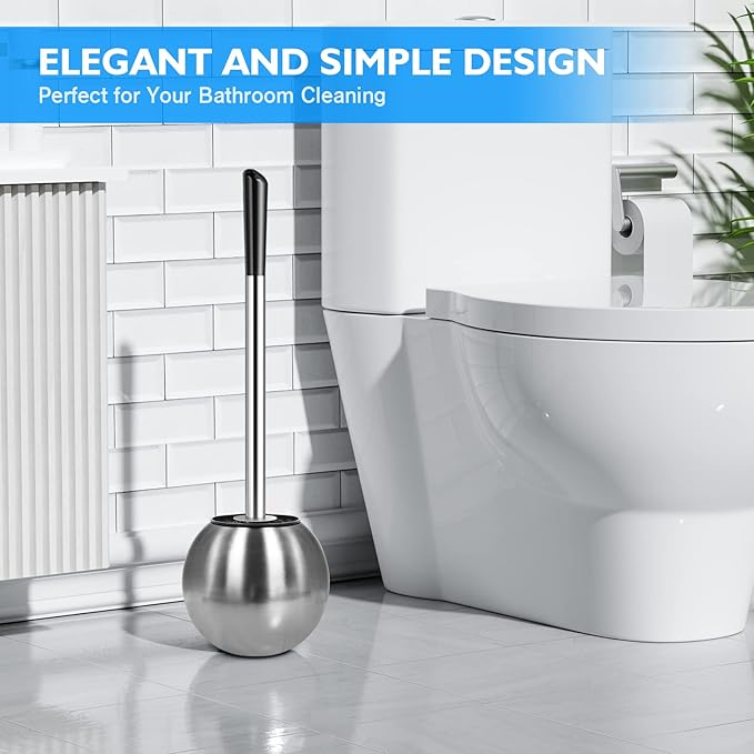 Toilet Brush and Holder 2 Pack, 304 Stainless Steel Toilet Brush with Extended and Durable Comfortable Brush Handle, Toilet Bowl Brush for Bathroom Toilet - Ergonomic, Pratical Durable