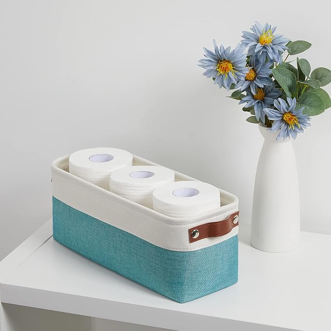 DULLEMELO Small Bathroom Closet Storage Baskets Canvas Fabric Storage Bins for Toilet 2 Pack Collapsible Home Organizer With Handles (White&Teal)