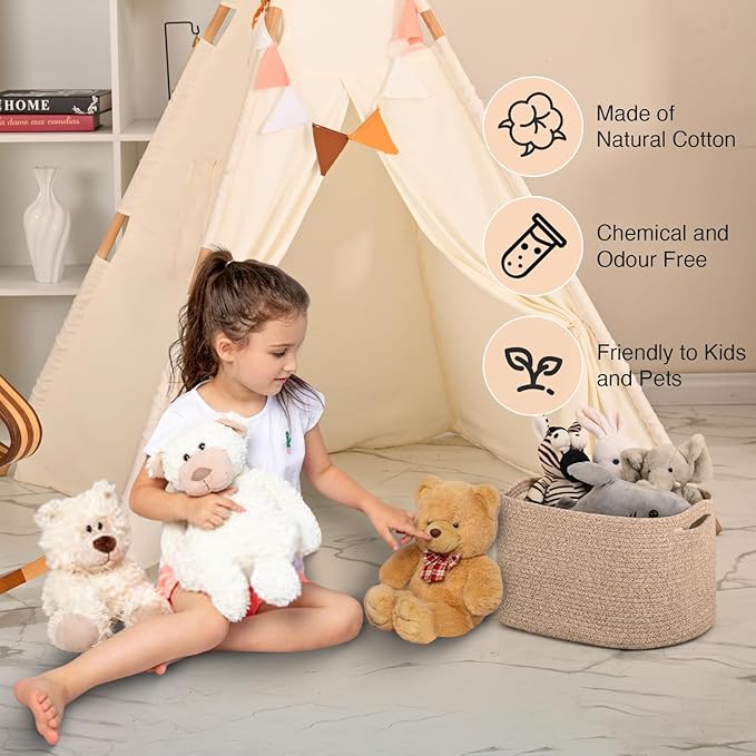 Woven Cotton Rope Storage Basket for Organizing, Cute Decorative Baskets for Gifts Empty, Organizer Bins for Dog Toy, Baby Laundry, 15“×11”×9.5“, Brown