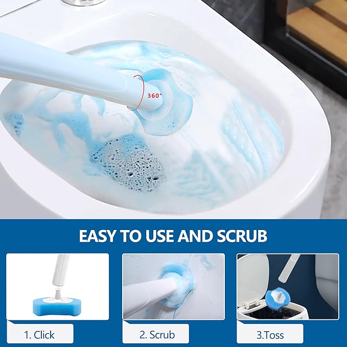 144 Count Toilet Brush Refills for Most Wands, Toliet Wand Refills-Blue Disposable Sponge Refill Heads Prefilled Cleaning Fluid for Bathroom Toilet Cleaning.