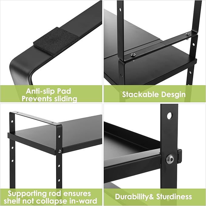 Expandable Cabinet Shelf Organizer Rack, Stackable Kitchen Countertop Organizer Storage Shelves, Adjustable Height Pantry Counter Shelf Riser Spice Rack (Black, 2 Pack)