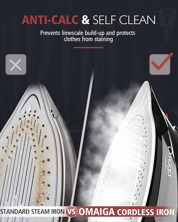 Cordless Iron for Clothes, 1500W Steam Iron Rapid Heating, Ceramic Soleplate, Auto Shut Off, Self-Clean, Anti-Calc, 3 Temperature Settings, 11.84oz Water Tank Ironing Clothes for Home, Black