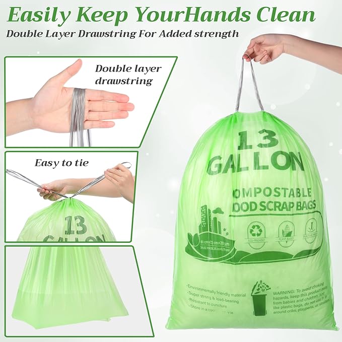Amyhill 50 Count Compostable Kitchen Trash Bags 13 Gallon Compostable Drawstring Kitchen Waste Garbage Bags 49.2 Liter, 1.575 Mil for Bathroom Home Bedroom Office Garbage