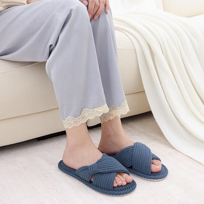 Evshine Summer House Slippers for Women Corduroy Cross Bow Indoor Slippers Open Toe Slip On Bedroom Shoes with Memory Foam