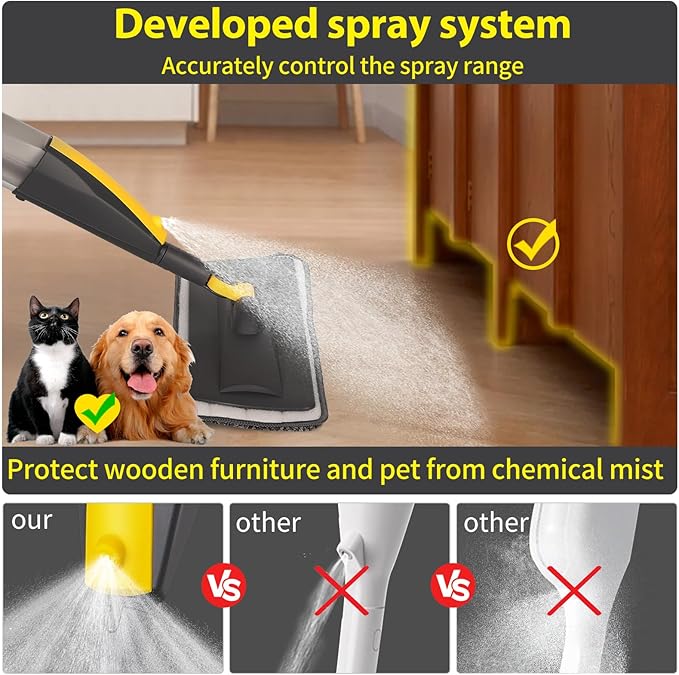 Mops for Floor Cleaning, Spray Mop with 400ml Refillable Bottle and 2 Replacement Pads Dry Wet Floor Household or Commercial Hardwood Laminate Tile Ceramic (Yellow)