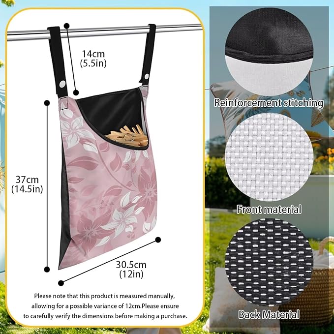 Reinforced Outdoor Clothespin Storage - Minimalist Pink Flower Print Windproof Hanging Bag with Large Opening - Weather Resistant Design for Year-Round Clothesline Use 14.5x12in