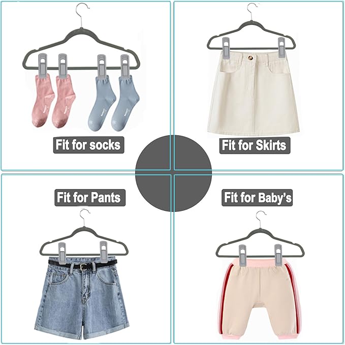 Hanger Clips Perfect for Velvet Hangers (Grey, 20 PCS), Strong Plastic Clips Pant Skirt Hanger Clips for Grey Flocking Felt Hangers