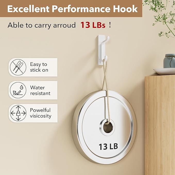 12 Pack Wall Hooks for Coat and Towel: 13LB Adhesive Door Hanger Stick on, White