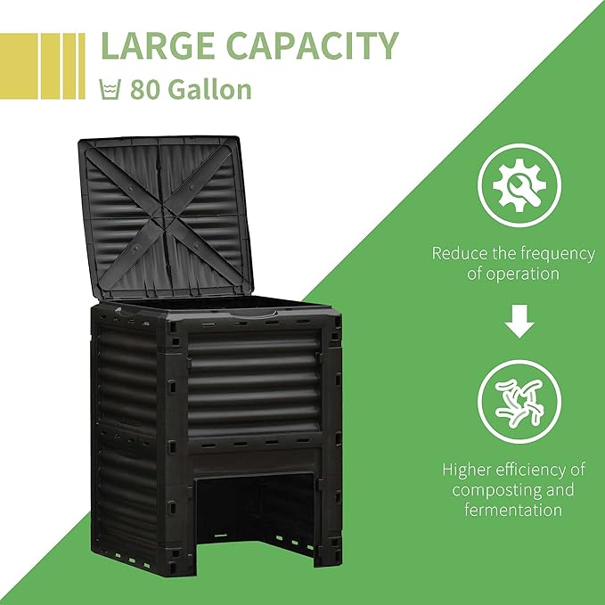 Outsunny Garden Compost Bin 80 Gallon Outdoor Large Capacity Composter Fast Create Fertile Soil Aerating Box, Easy Assembly, Black
