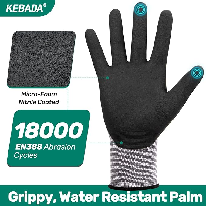 Kebada W2 Work Gloves for Men and Women, Nitrile Coated Working Gloves for Gardening, Construction, Warehouse, Safety Gloves for Work in Yard and Outdoors, 6 Pairs, Medium