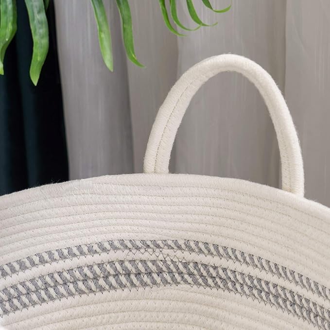 YOUDENOVA Woven Rope Laundry Hamper Basket, 58L Tall Luandry Basket, Baby Nursery Hamper for Blanket Storage, Clothes Hamper for Laundry in Bedroom-Large-Stripe White