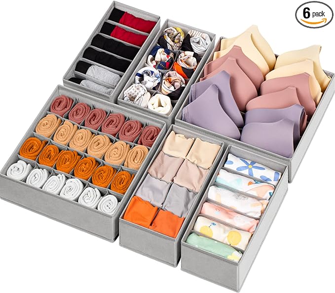 6 Pack Sock Underwear Drawer Organizer Dividers, 58 Cell Foldable Fabric Dresser Closet Organizers and Storage Bins for Clothing, Baby Clothes, Bra, Panty, Scarf, Ties (Grey)