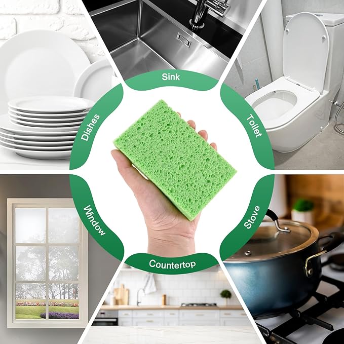 12-Pack Kitchen Sponges, Condense Eco Cellulose Non-Scratch Scrub Heavy Sponge for Kitchen/Household/Bathroom, Clean Tough Messes Dish Scrubber [Green]