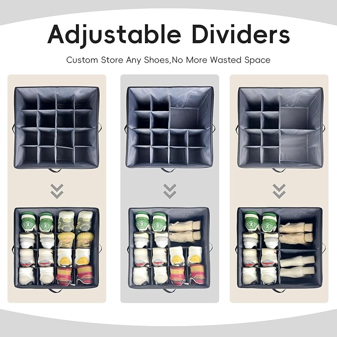 Shoe Organizer for Closet, 3 Pack Shoe Storage Bins with Clear Cover, Adjustable Dividers Fits 24-48 Pairs, Grey