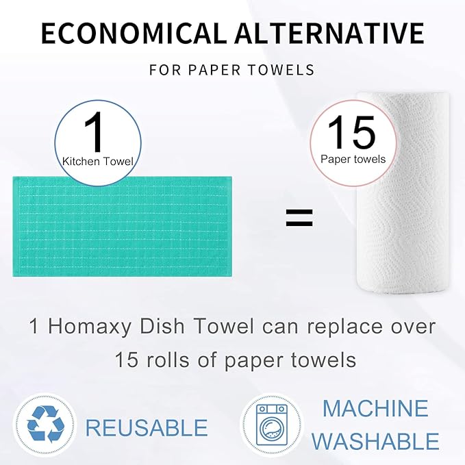 Homaxy 100% Cotton Terry Kitchen Towels(Turquoise, 13 x 28 inches), Checkered Designed, Soft and Super Absorbent Dish Towels, 6 Pack