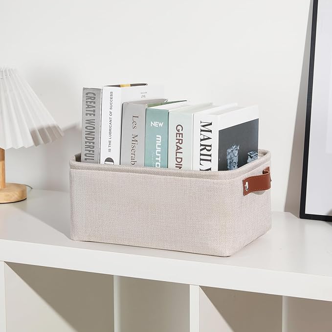 DULLEMELO Small Storage Basket for Shelves, Small Fabric Collapsible Rectangular Storage Bin for Shelves, Closets, Nursery, Home, Office, Empty Gift Basket (Beige)