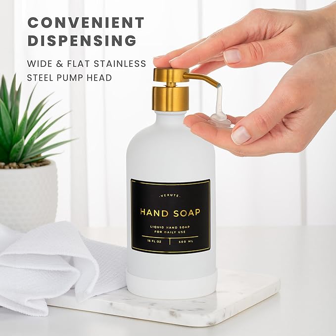 16oz Glass Soap Dispenser with Stainless Steel Pump, 21 Waterproof Labels, Non-Slip Protective Silicone Pad, Set of 2 for Bathroom & Kitchen (Matte White Bottle/Brushed Gold Pump)