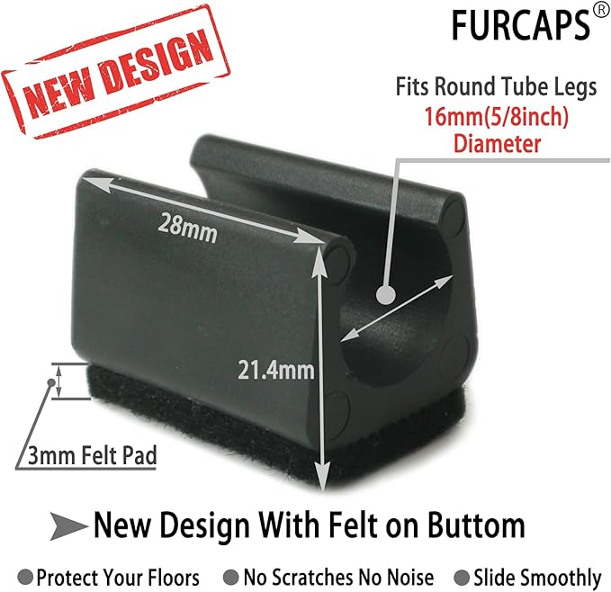 Rectangle U Shaped Chair Leg Tips Cap with Felt Pads,Furniture Feet Protectors Slide Smoothly Glides,Protect Hardwood Floor No Scratches No Noise,Fit 16mm(5/8inch) Diameter Tubular Legs (Black 8PCS)