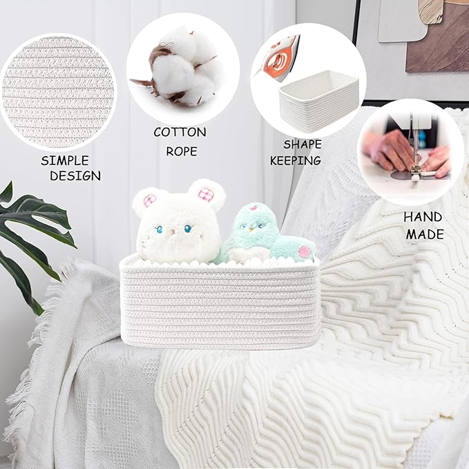 COMFY-HOMI 13" x 8.5" x 5.1" Storage Baskets for Organizing | Cotton Rope Woven Basket | Toy Storage Bin Box | Basket for Shelves, Closet Organizer Bin, Decorative Closet Shelf, 3 Pack, White