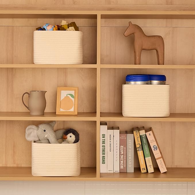 Small Organizing Baskets for Cubes Shelf, 9.7x9.7x7.1 Inch Rope Woven Storage Bins for Nursery Shelves Storage, Cute Toy Basket, Square 3 Packs Beige