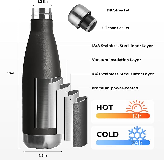 MEWAY 17oz Sport Water Bottle 12 Pack Vacuum Insulated Stainless Steel Leak-Proof Double Wall Cola Shape Water Bottle,Keep Drinks Hot & Cold (Black,12 Pack)