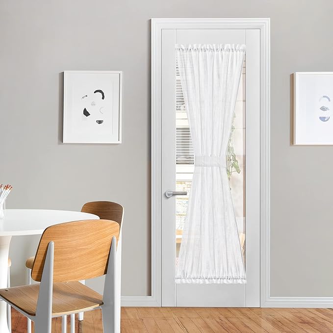 NICETOWN Sheer French Door Curtain, White Linen Door Window Curtain Rod Pocket Light Filtering Drapes for Living Room Tieback Included(26" Width x 72" Lngth, 1 Panel)