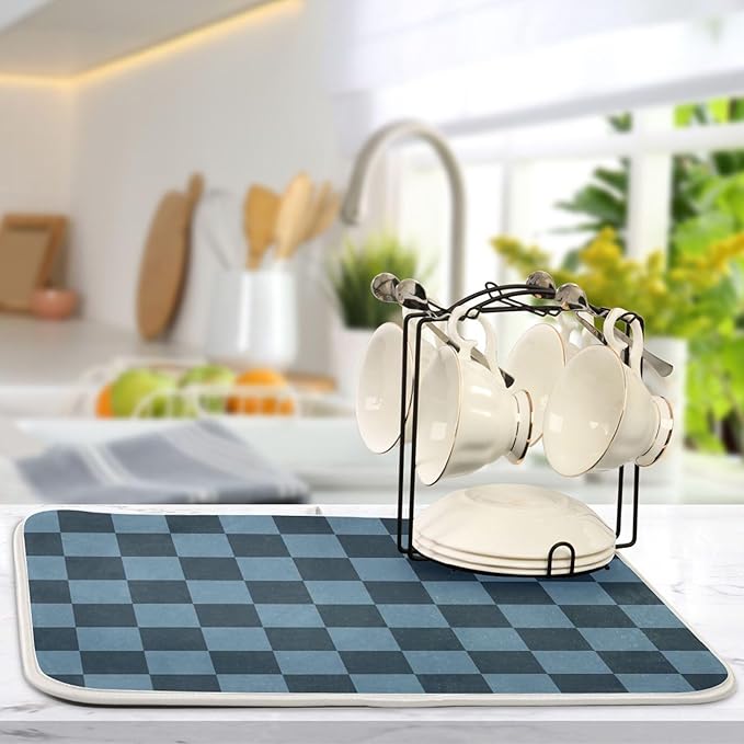 Buffalo Plaid Navy Blue Dish Drying Mat for Kitchen Countertop 18x24 Chessboard Rectangle Large Drying Mat Reusable Quick Dry Dish Sink Absorbent Mats Dishwasher Easy Clean Decorative Home Essentials