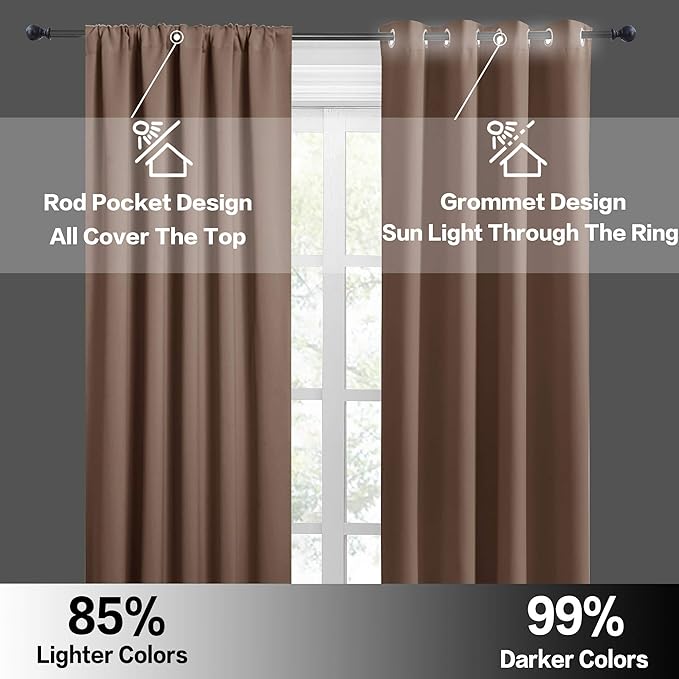 RYB HOME Long Curtains Light Blocking Drapes Window Treatment Panels Room Darkening Shades Blinds Sunlight UV Protection for Coffee Bar Livingroom, Wide 42 inch x Long 72 inch, Mocha, 2 Pcs