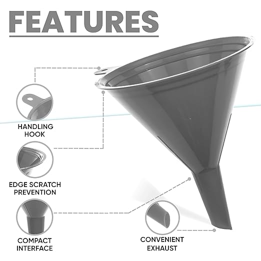Funnel Gray in 4 Different Sizes (122, 101, 76 & 50mm) Durable & Non-Toxic Food Grade Plastic -Funnels for Filling Bottles or Containers – Ideal for Kitchen, Garage & Labs