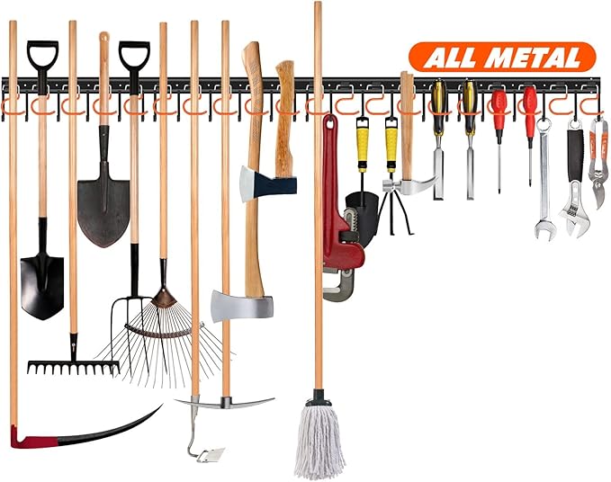 68'' All Metal Garden Tool Organizer Wall Mount Garage Tool Organizers and Storage Broom Holder Wall Mount with Hooks Tool Hangers for Shed