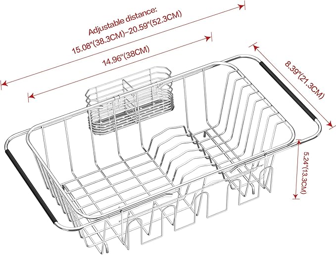 Small Dish Drying Rack in Sink, Extendable Stainless Steel Dish Drainers for Kitchen Counter, Anti-Rust Dish Dryer Rack with Utensil & Cup Holders, for Inside Sink, Over The Sink(for 1-2 People)