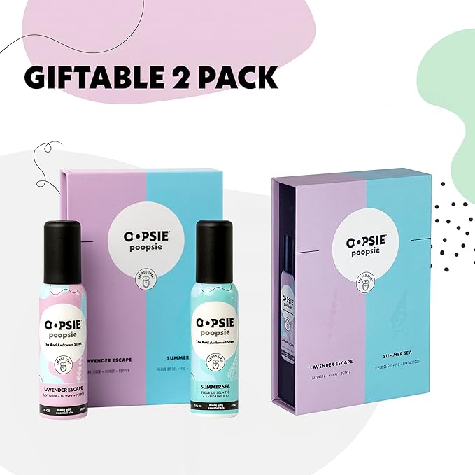 Oopsie Poopsie Pre GO toilet spray, discreet & portable original Pre-poo spray to use on the go. Assorted scents Lavender Scape/Summer Sea Toilet Odor Eliminator 2oz bottle Gift Set 2 pack