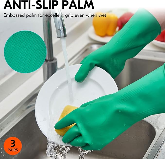 Vgo... 3-Pairs Reusable Household Gloves, Rubber Dishwashing gloves, Extra Thickness, Long Sleeves, Kitchen Cleaning, Working, Painting, Gardening, Pet Care (Size L, Green, HH4601)