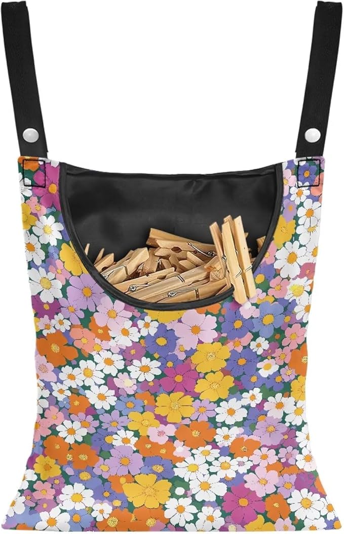 2 Pcs Pin Bag, Hippie Flower Print Hanging Bag with Large Opening Washable Clothes Pin Hanging Bag Easy to Use Storage Clothes Pins & Wooden Clothespins for Outdoor