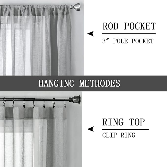 Tollpiz Sheer Curtains Linen Textured Bedroom Curtain Sheers Light Filtering Rod Pocket Voile Curtains for Living Room, 54 x 63 inches Long, Silver Grey, Set of 2 Panels