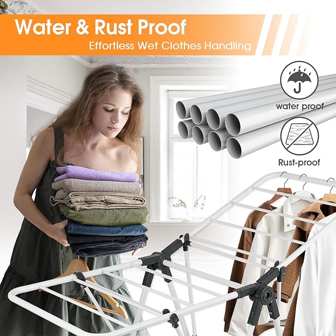 Clothes Drying Rack, Metal Foldable Laundry Drying Rack, with Adjustable Height Levels Wings, Space Saving, Indoor Outdoor Use, White Free-Standing Airer
