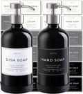 16oz Glass Soap Dispenser with Stainless Steel Pump, 21 Waterproof Labels, Non-Slip Protective Silicone Pad, Set of 2 for Bathroom & Kitchen (Gloss Black Bottle/Brushed Silver Pump)