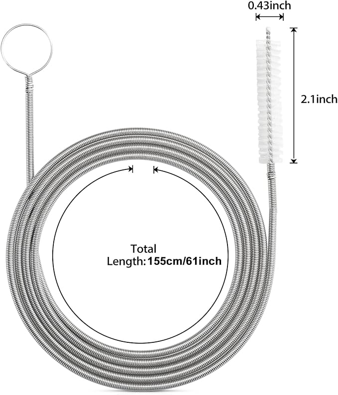 Extra-Thick Drain Brush with Stronger Spring 61-Inch Stainless Steel and Nylon Pipe Cleaner for Flexible, Curved & Slim Holes, Stronger Spring Version