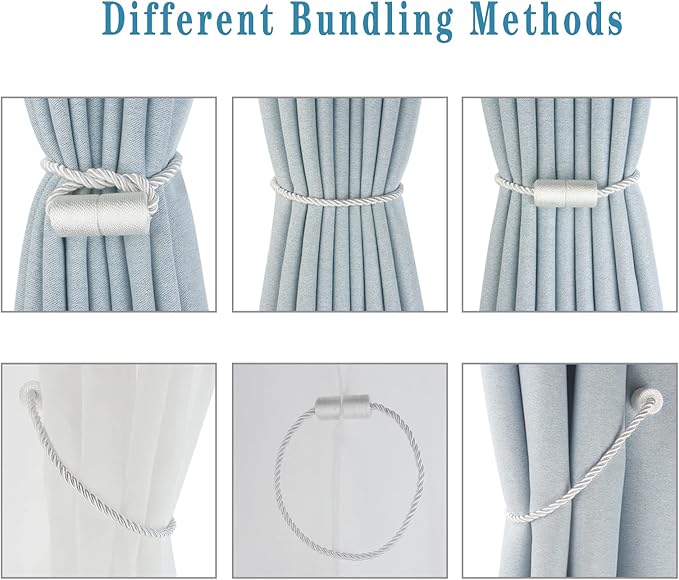 Magnetic Curtain Tiebacks 6 Pack White Curtain Rope Tieback Curtain Holders for Drapes Modern Tie Backs Decorative Curtain Holdbacks