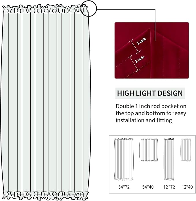 DWCN French Door Curtains – Rod Pocket Thermal Blackout Curtain for Doors with Glass Window, Kitchen and Patio Doors for Privacy, 12 X 72 Inches Long, 1 Curtain Panel with Tieback, Burgundy