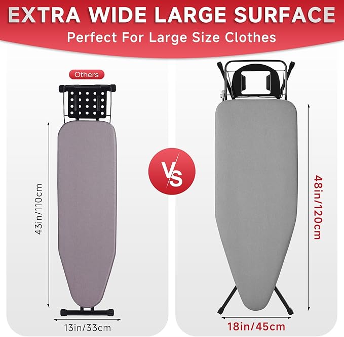 Extra Wide Full Size Ironing Board 57" L X18 W, Multifunctional Sturdy Ironing Board with Iron Rest, Foldable Adjustable Iron Board with Heat Resistant Cover, Enhanced Stability, Black Grey.