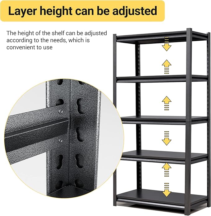 72" H Garage Shelving, Metal Storage Shelves, Adjustable 5 Tier Storage Rack, Heavy Duty Shelving, Industrial Utility Shelf for Garage, Warehouse, Bedroom, Kitchen,16" D×36" W×72" H, Black